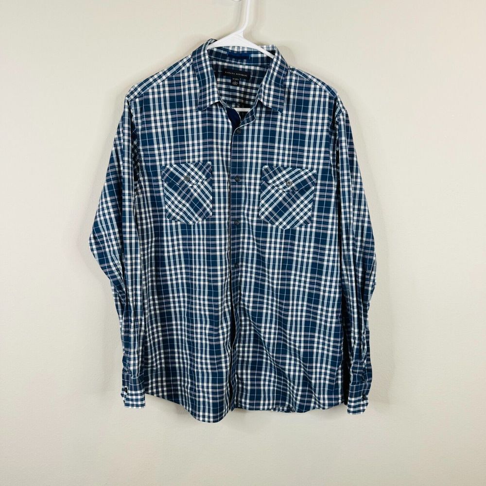 Banana Republic Button Down Shirt Mens‎ Size 16-16.5 Plaid Blue Casual Fall